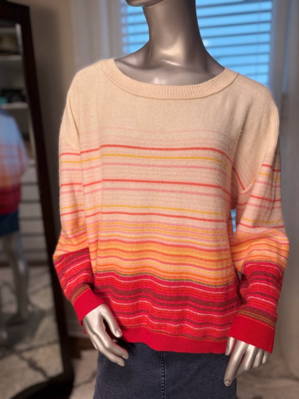 Anthropologie Saturday Sunday 100% Cashmere Large Stripe Crewneck Sweater Cream